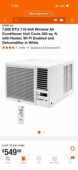 LG 7,600 BTU 115-Volt Window Air Conditioner Unit Cools 330 sq. ft. with Heater, Wi-Fi Enabled and Dehumidifier in White