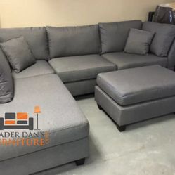New Grey Linen Sectional Sofa Couch + Ottoman 