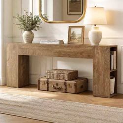 RY0502 Extra Long Console Table, 79-Inch Entryway Table with 2 Drawers and Side Storage Shelves, Farmhouse Behind Couch Table for Entrance, Hallway, F