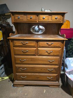 Oak Wood Dresser with Hutch and Mirror