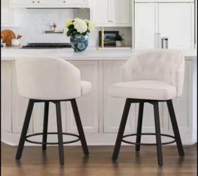 26 in. Beige Fabric Upholstered Metal Frame Counter Height Swivel Bar Stools with Matte Silver Rivet