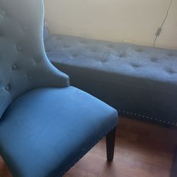 Blue velvet chair and matching ottoman 