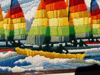 Vintage 70s Rainbow Sailboats Needlepoint Art- Framed Retro Yarn Picture