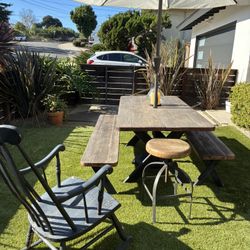 1960’s Solid Redwood Picnic Table, 2 Wood Stools, Umbrella & Rocking Chair Needs Refurbish 