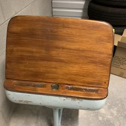 1950’s Vintage Wood And Metal Desk, With Storage