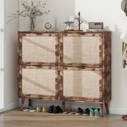 Shoe Cabinet with Flip Drawers - Rattan Shoe Cabinet Storage for Entryway, Rustic Narrow Hidden Shoe Rack with 4 Drawer, Boho Shoe Organizer Cabinet f