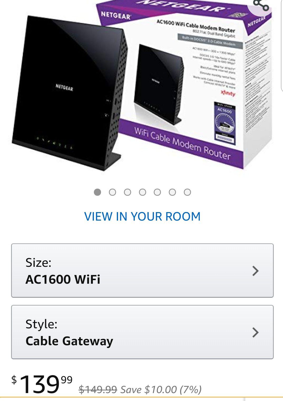 Netgear C6250-100NAS AC1600 (16x4) WiFi Cable Modem Router Combo (C6250) DOCSIS 3.0 Certified for Xfinity Comcast, Time Warner