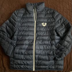 True Religion Jet Black Vertical Quilt Shell Jacket Logo Coat Men's Size M 