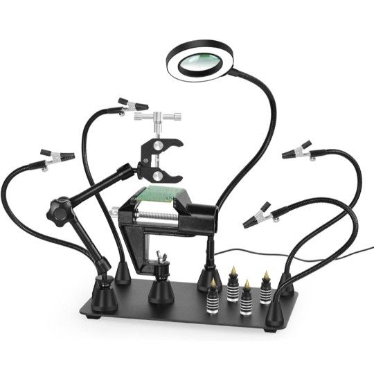 Magnetic Helping Hands Soldering Third Hand, PCB Circuit Board Holder with 3X LED Magnifying Lamp, 360 Hot Air Gun Holder, Extra Large & Heavy Duty
