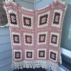 Beautiful vintage handmade afghan/ blanket w/ fancy fringe 85” x 39” Nice large size  Mauve pink,  browns and creamy off white colors  Really nice con