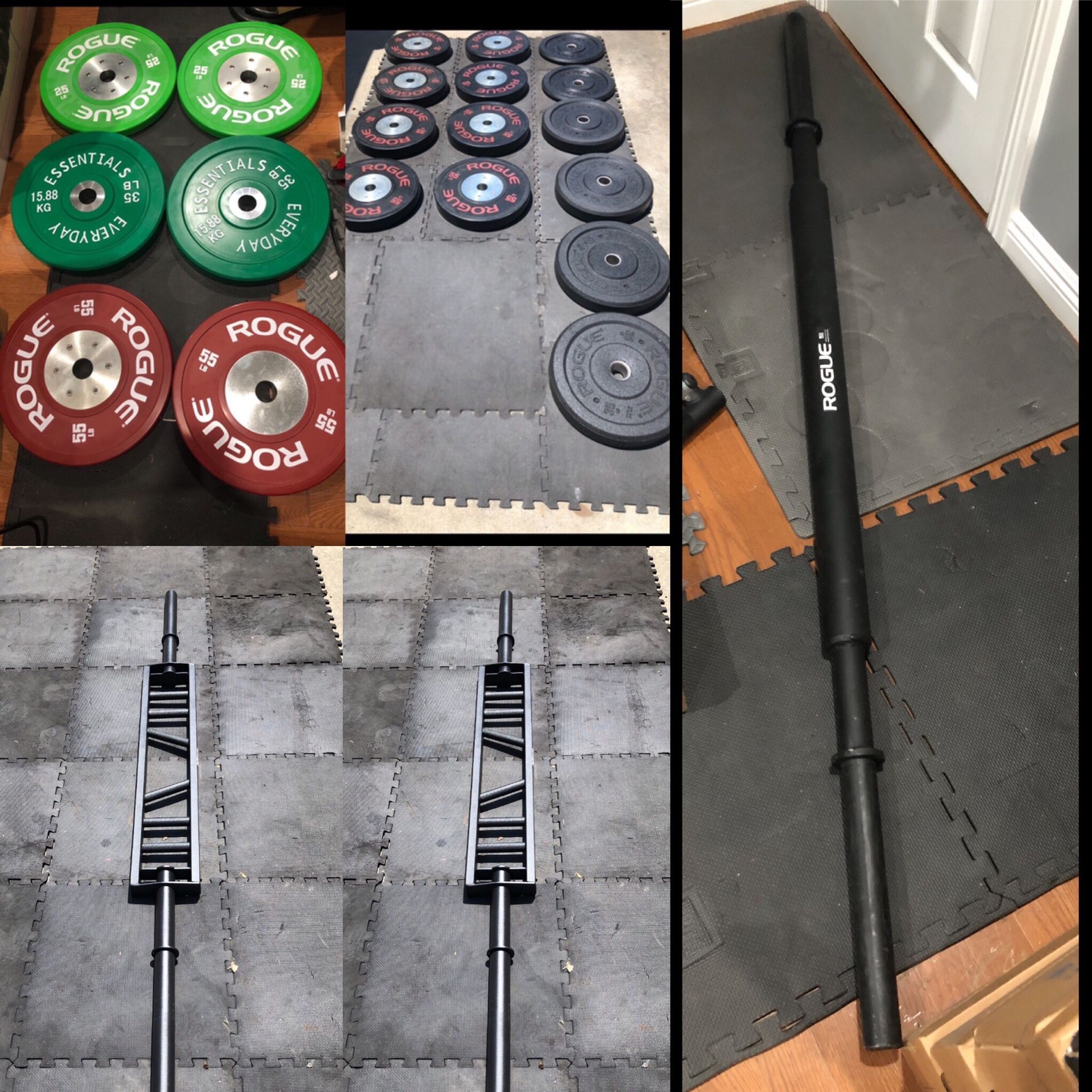 Rogue Axle Fat Barbell, 830lbs of Olympic Rogue Bumper Plates/ Weights, Multigrip Swiss Barbell