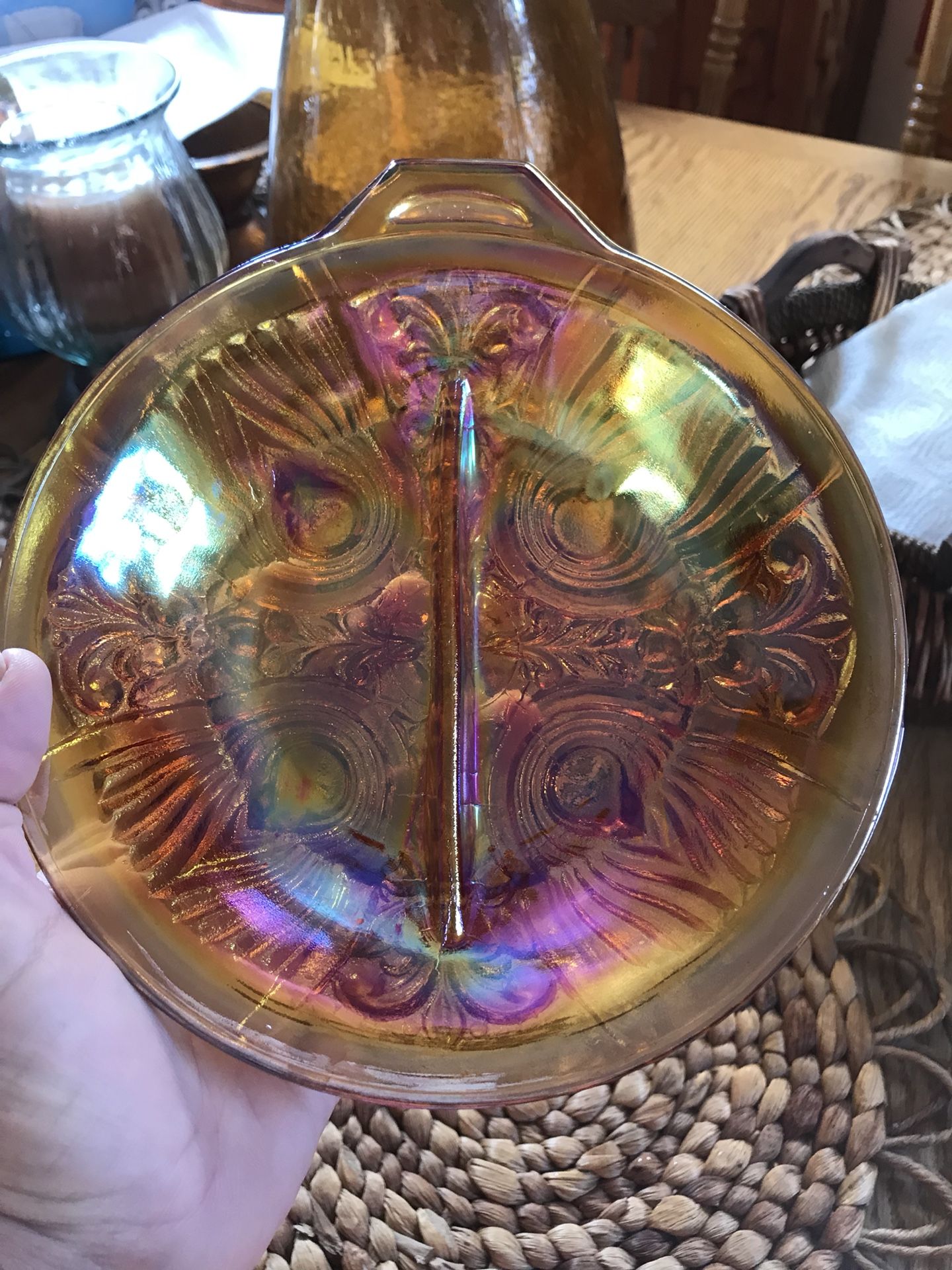 Vintage Yellow Gold Carnival Glass Candy Dish