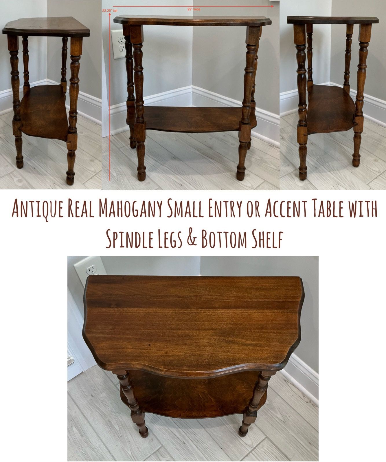 Antique Real Mahogany Small Entry or Accent Table with Spindle Legs & Bottom Shelf