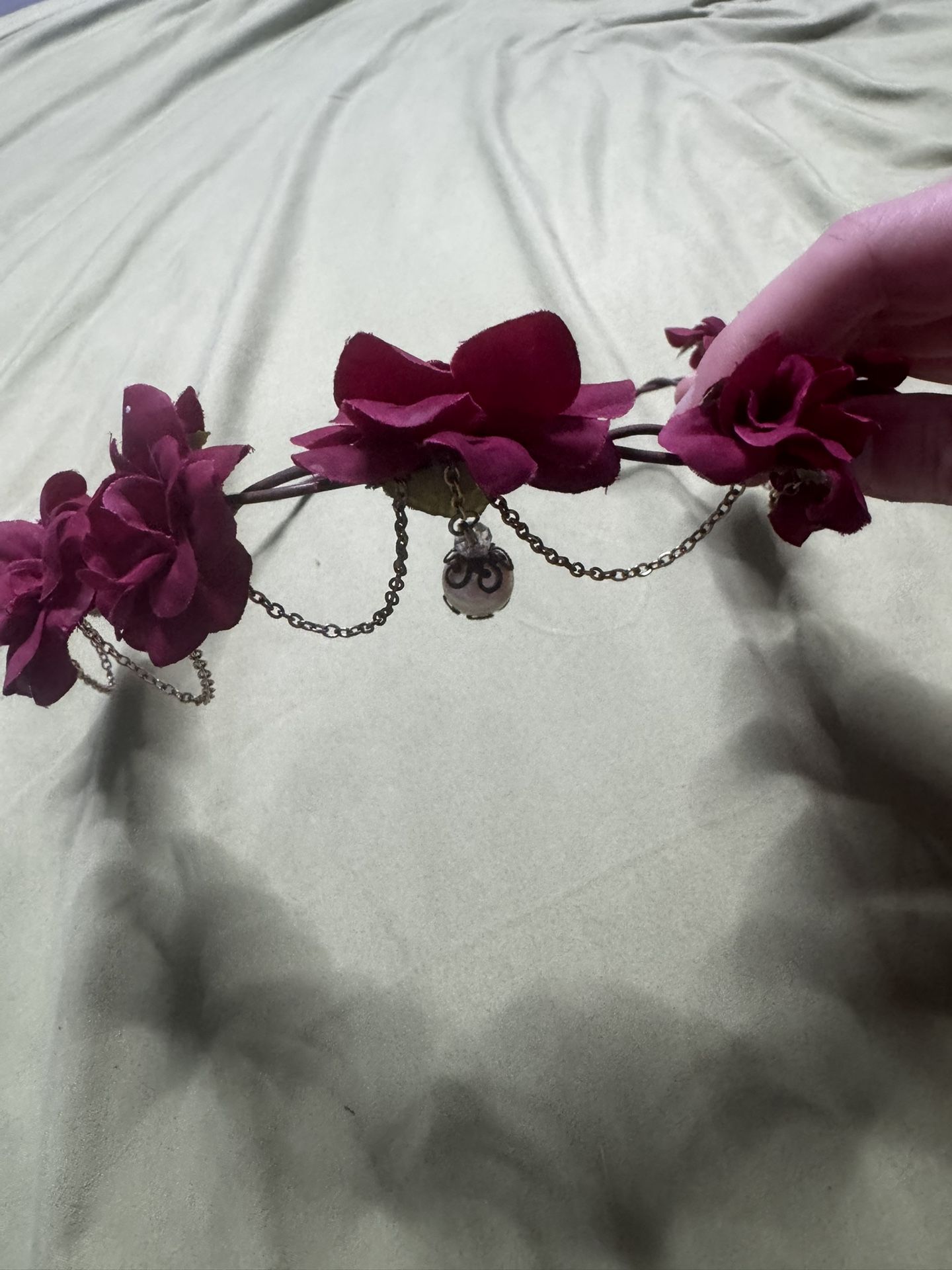 Red Flower Crown With Gold Touches And Pearl Drop