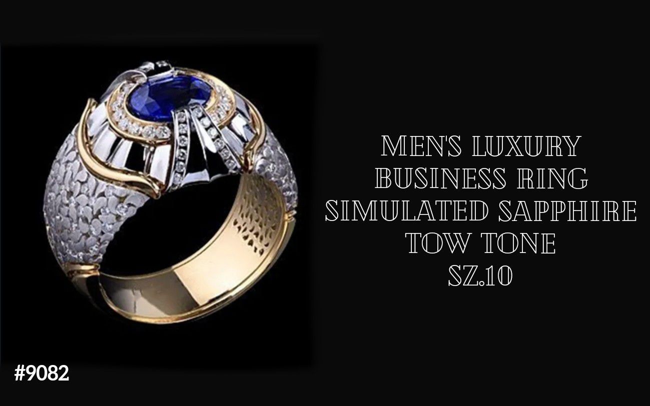 Mens Two Tone Business Statement Ring, Sz.10, Simulated Sapphire.. Now $18!!