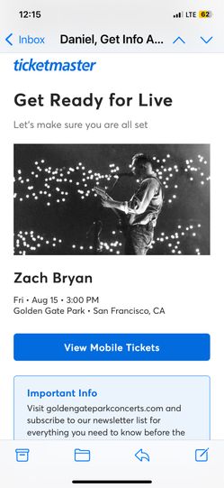 Zach Bryan ticket Golden Gate Park 8/15