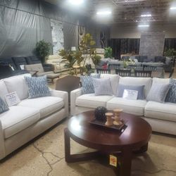 Beautiful White Sofa And Loveseat With Blue  Pillows (New)
