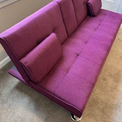 Purple Futon Sofa Bed w/ Cupholders – Used but Comfy