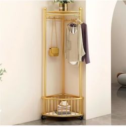 Gold Corner Coat Rack with Storage Basket & Hooks
