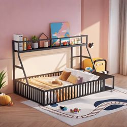 Metal Floor Bed Frame with Safety Fence and Storage Shelves
