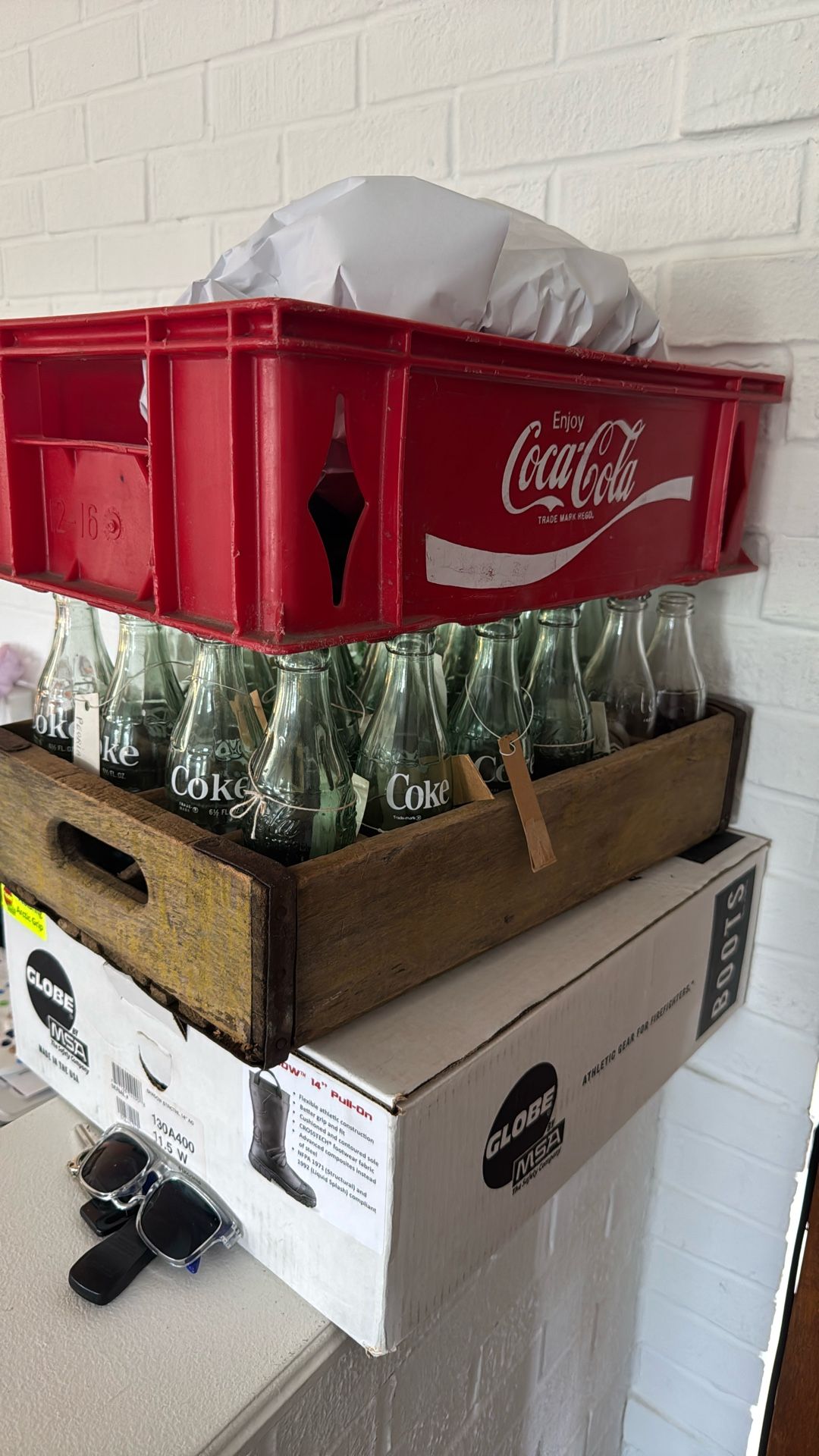Lot of Coca Cola Bottles and Coca Cola carrier & Wooden