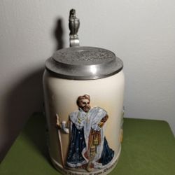 VINTAGE PORCELAIN / CERAMIC STEIN 95%ZINN PEWTER LID 7"×3.8"