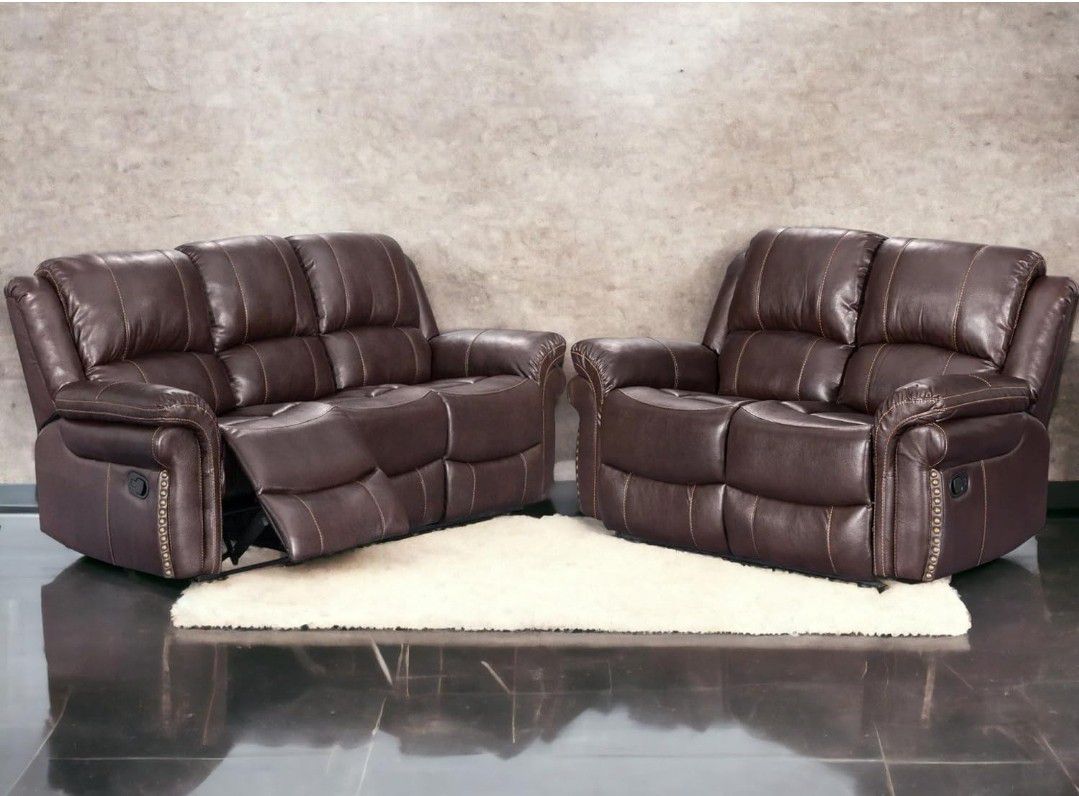 New! 2PC Brown Leather Reclining Living Room Set