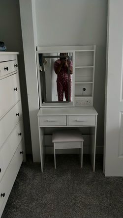 White Vanity Desk with Mirror and Stool