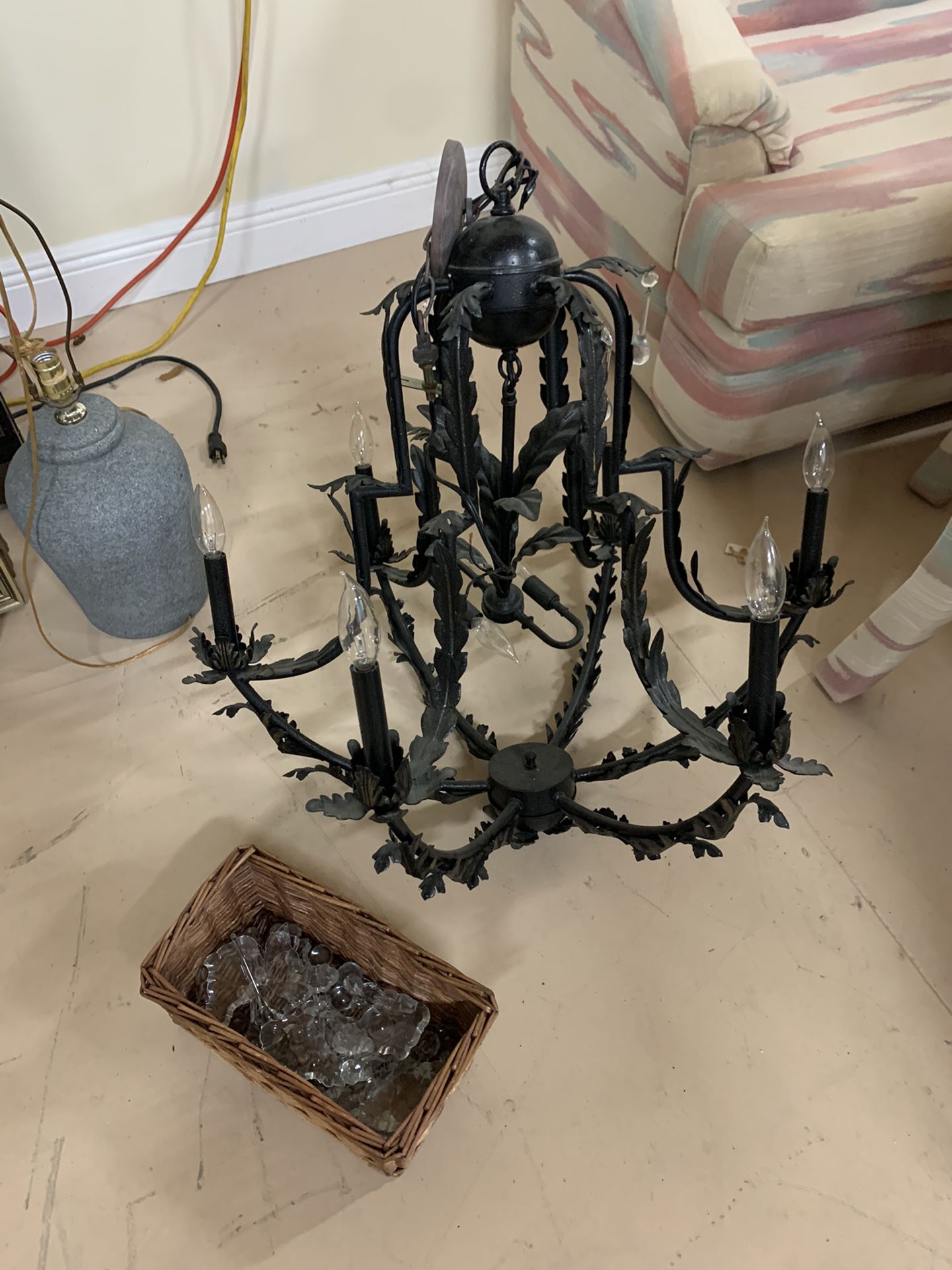 Black iron chandelier with crystals