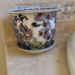 Antique Chinese Porcelain Family Rose Flowers Hand Painted Marked Plant CachePot Bowl