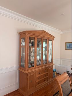 Grand Formal Dining Set – Table, 6 Scroll-Back Chairs, & Lighted China Hutch