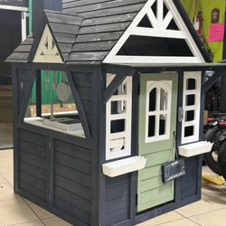 Kids Outdoor Playhouse,Cedar Gray Wooden Play House for Kids Ages 3-8, with Play Kitchen, Interactive Doorbell, Toy Phone, Sink, Flowerpot.  Spacious 