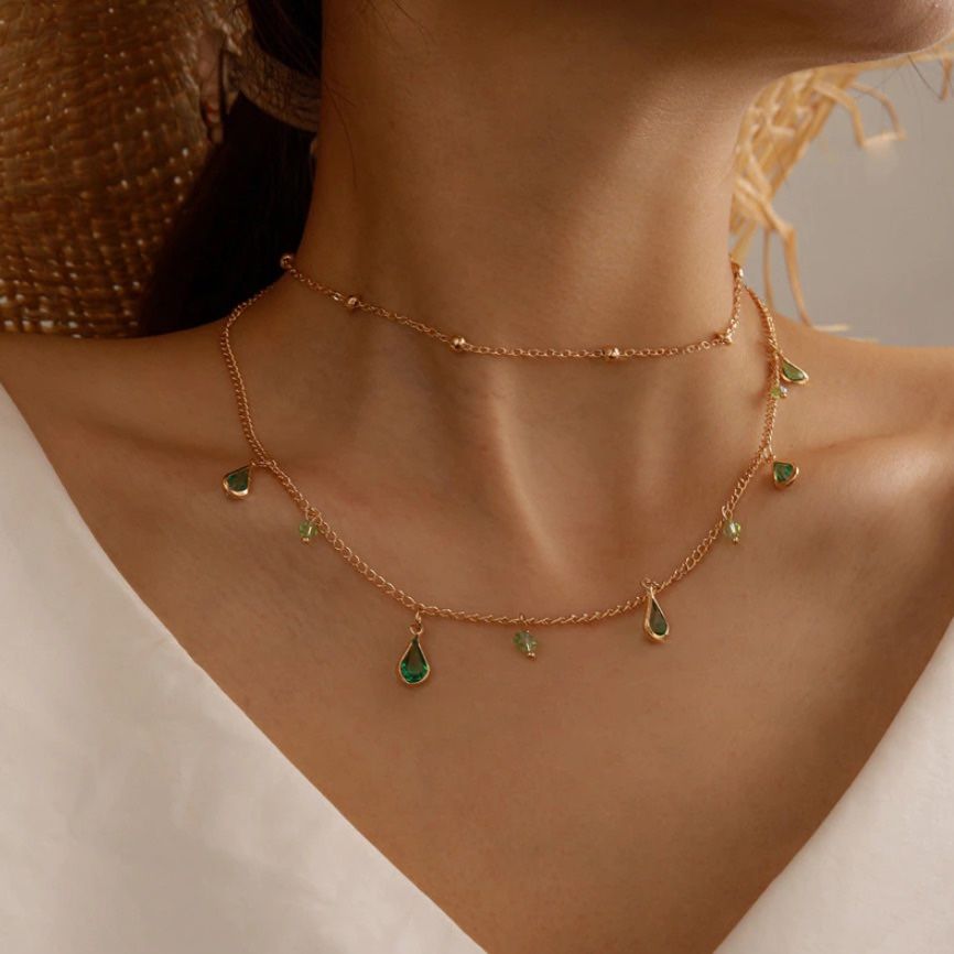 Bohemian Water Drop Green Rhinestone Chain Necklace for Women