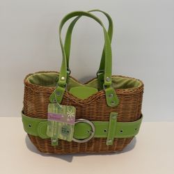 Green and brown wicker tote bag with green straps and silver buckle #boho #festivalvibes Brand New Never Used MAKE AN OFFER !!! 