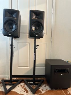 JBL LSR308 Studio monitors, subwoofer, stands, interface & cables