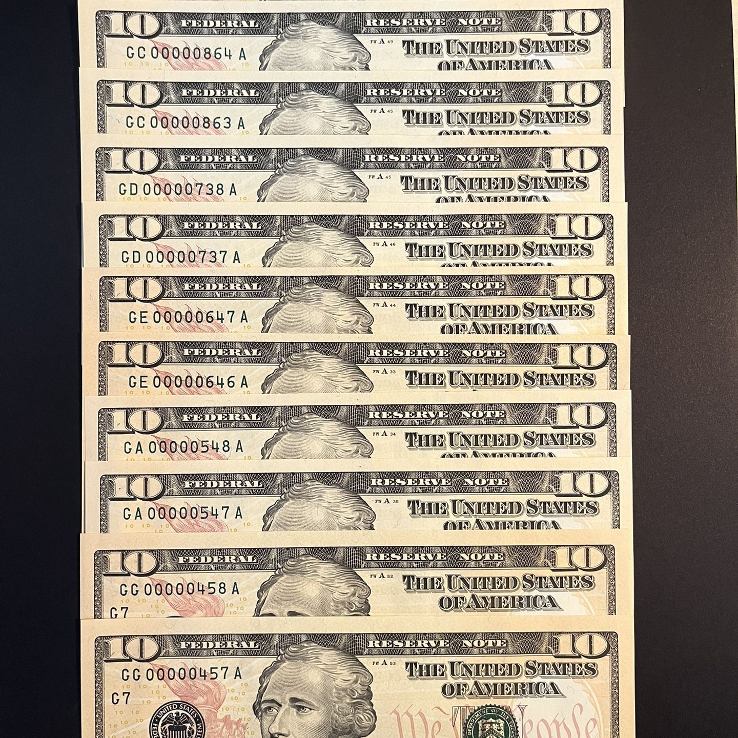 12 Low Serial Number 2004 Three Digit fancy Serial Number $10 Bills