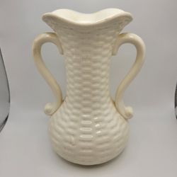 Vintage Cream Ceramic Basket Weave Vase With Arm Handles Japan 7.5" Tall