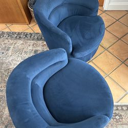 Pair of West Elm Viv Swivel Chairs - performance blue velvet