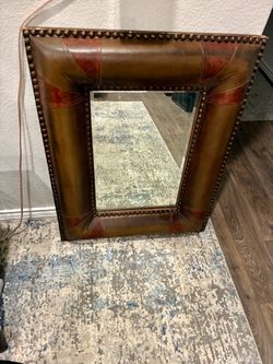 Rustic Leather & Brass Stud Mirror 🪞 Leather Accent Wall Mirror