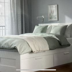 IKEA Queen Bed With Bookcase Head Board And Storage Drawers 