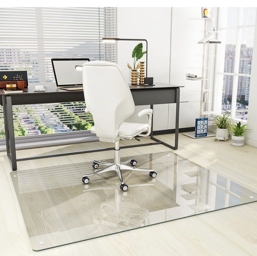 [Tempered Glass] 46" × 55" Glass Chair Mat, Heavy Duty Hard Floor Mat with Round Corner and Polished Edge, Office Chair Mat for Carpet Office Home Har