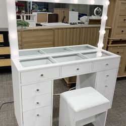 Already Assembled✨White Vanity Desk with Mirror and Lights, 11-Drawer Makeup Vanity Table with Charging Station and Matching Stool, Ideal for Bedroom