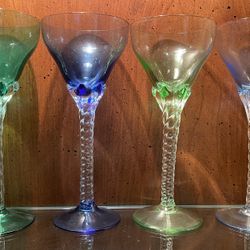 Vintage Crystal Blefeld Twisted Stem 4 Set Multi Color Sherry Cordial Glasses VTG 