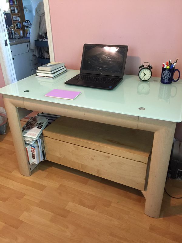 Wooden Ikea Desk With Glass Too And Storage Chest For Sale In