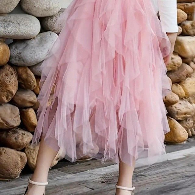 Pink lace layered women's tutu midi mesh skirt Gift S M L