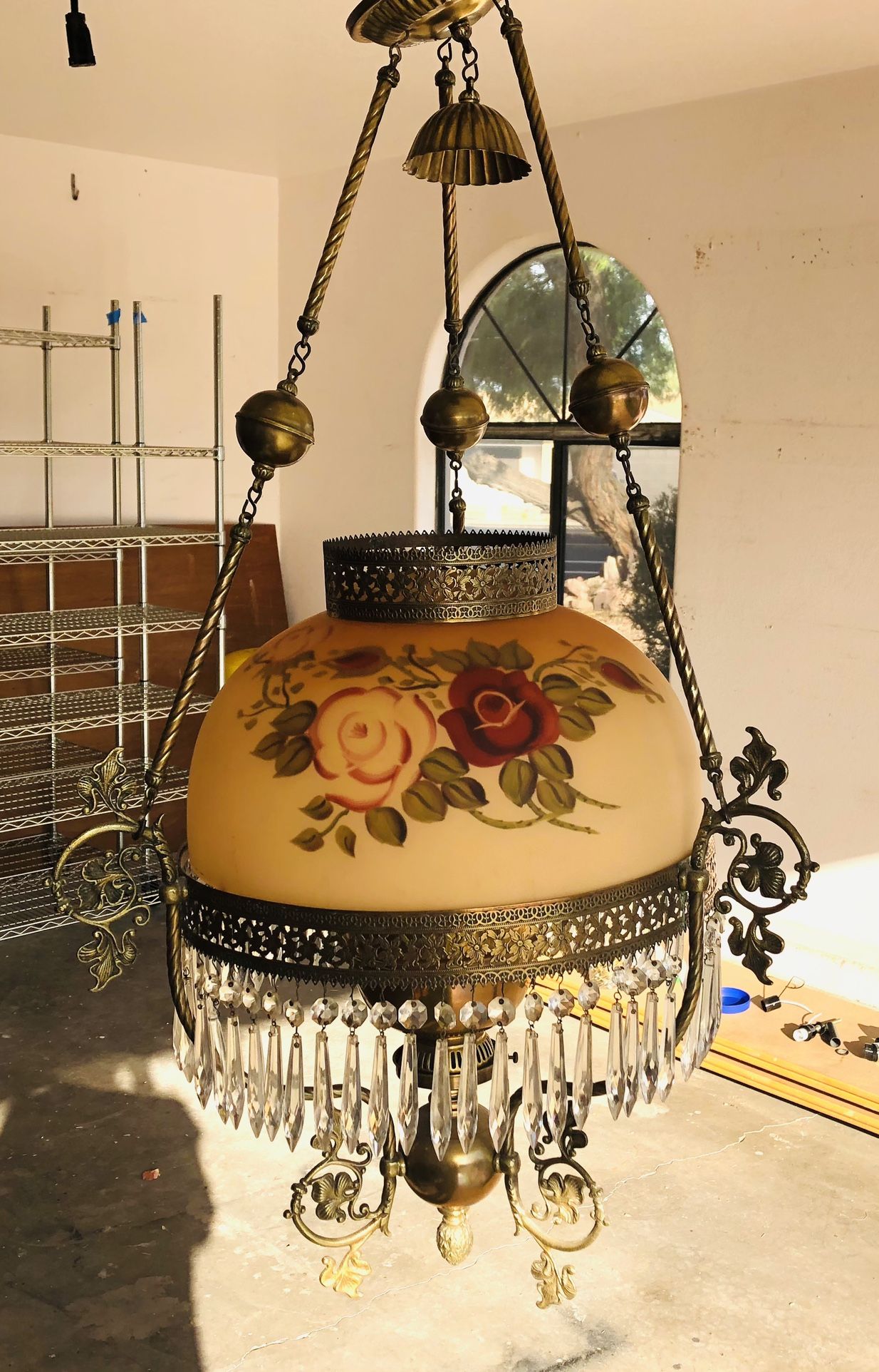 Antique Hanging Oil Lamp Brass Hand Painted Shade With Crystals
