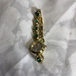 Gold-tone Watch with Green Crystal Accents