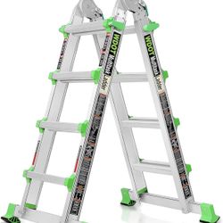 14 Ft, 4 Step Multi Position A Frame Ladder with Stabilizer Bar, Compact Folding, 330 lbs Telescopic Aluminum Adjustable Ladders,
