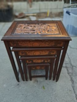 Carved Wood Asian Nesting Tables Set of 4
