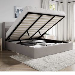 King Size Lift Up Storage Bed/Modern Wingback Headboard/Upholstered Platform Bed Frame/Hydraulic Storage/No Box Spring Needed/Wood Slats Sup